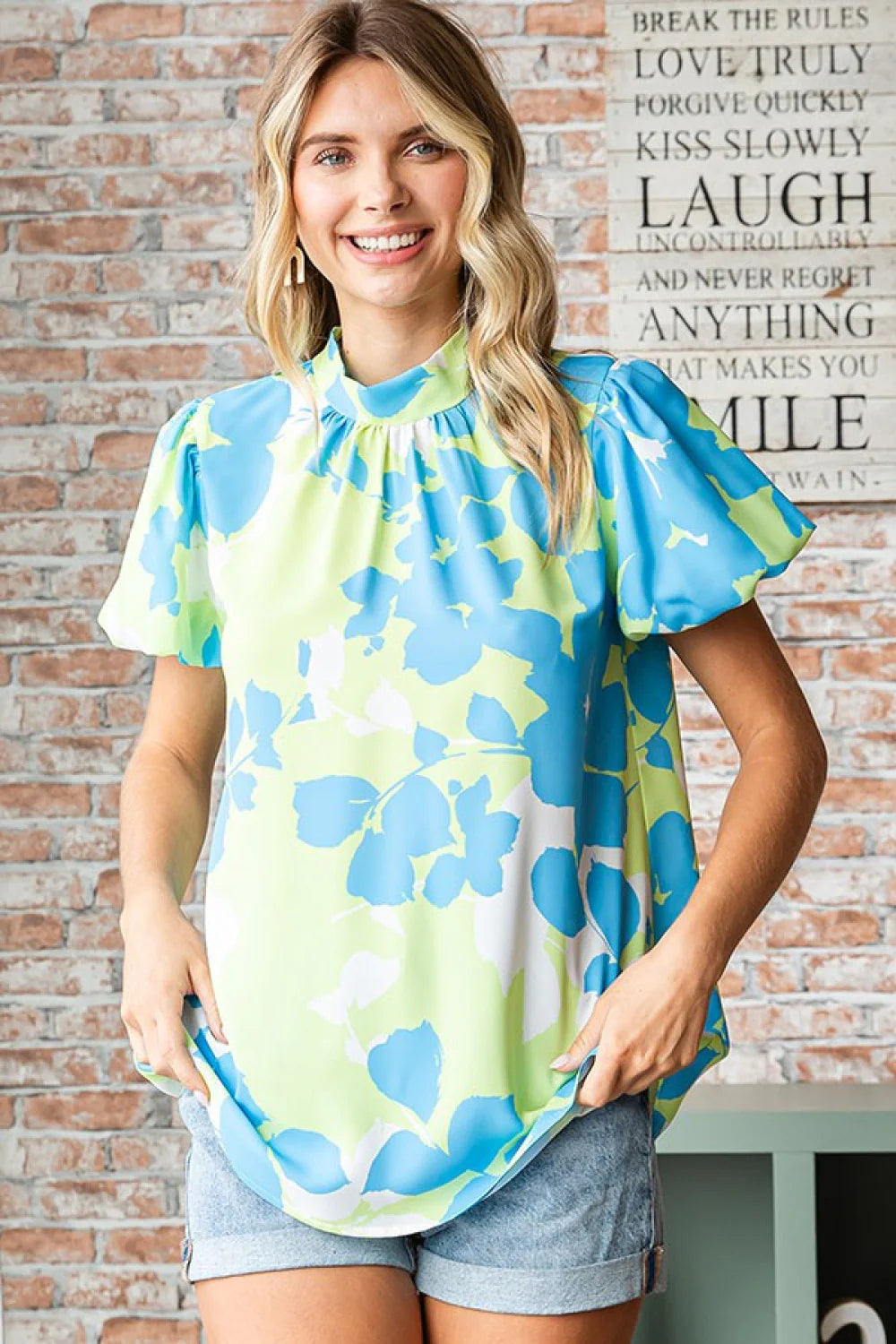 LIME GREEN & BLUE FLORAL BOW BACK BLOUSE WITH BUBBLE SLEEVES-PLUS