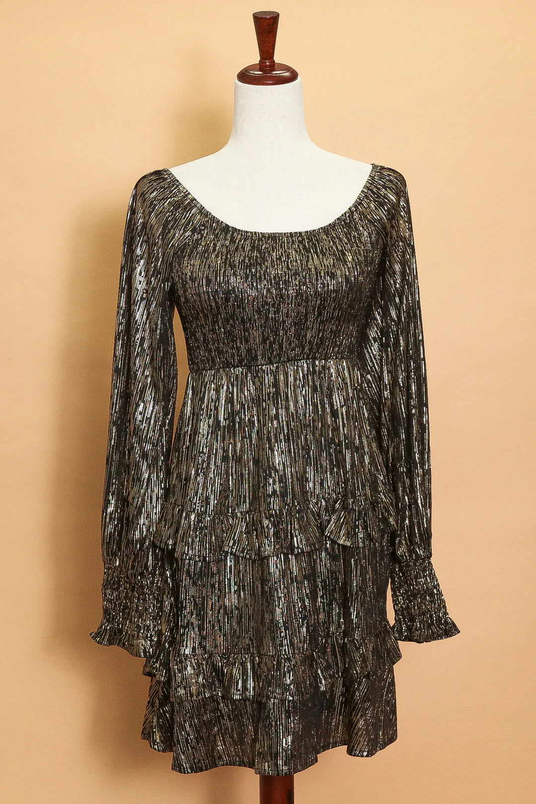 GOLDEN BLACK SHIMMERY SPARKLY SMOCKED FIT & FLARE DRESS