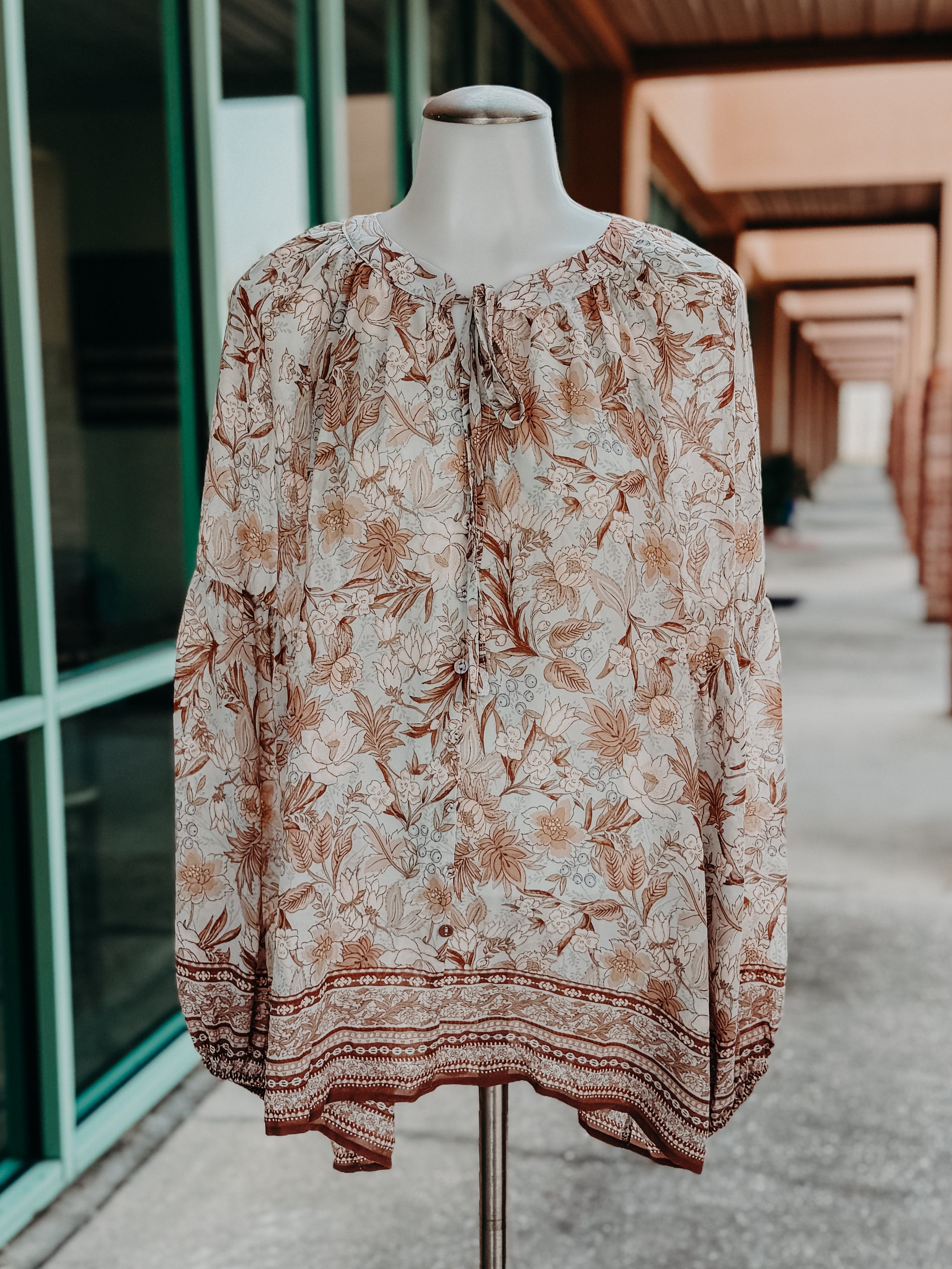 Brown Floral Balloon Sleeve Button Blouse- PLUS- SALE- 3X LEFT