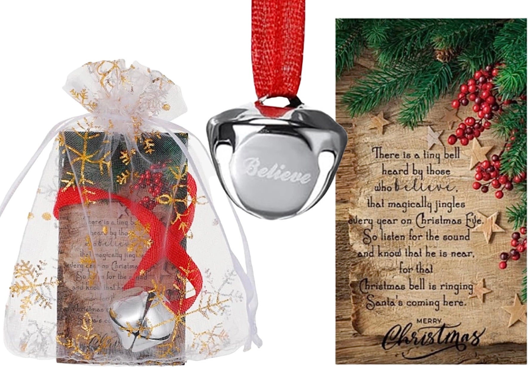 SILVER "BELIEVE" BELL FROM SANTA'S SLEIGH WITH POEM CARD IN ORGANZA BAG