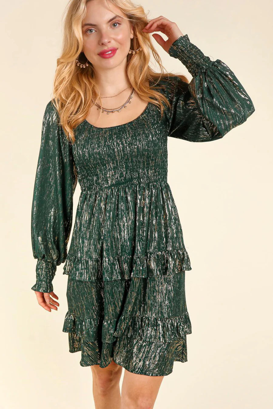 GOLDEN HUNTER GREEN SHIMMERY SPARKLY SMOCKED FIT & FLARE DRESS