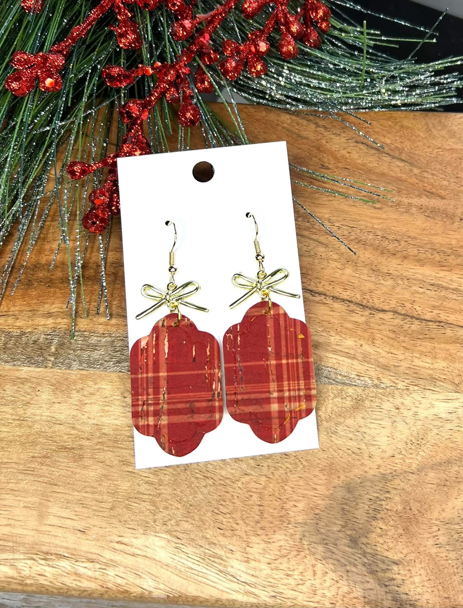 CRANBERRY RED PLAID SCALLOPED DESIGN WITH GOLD METAL BOWS HANDMADE EARRINGS BY B.O.D