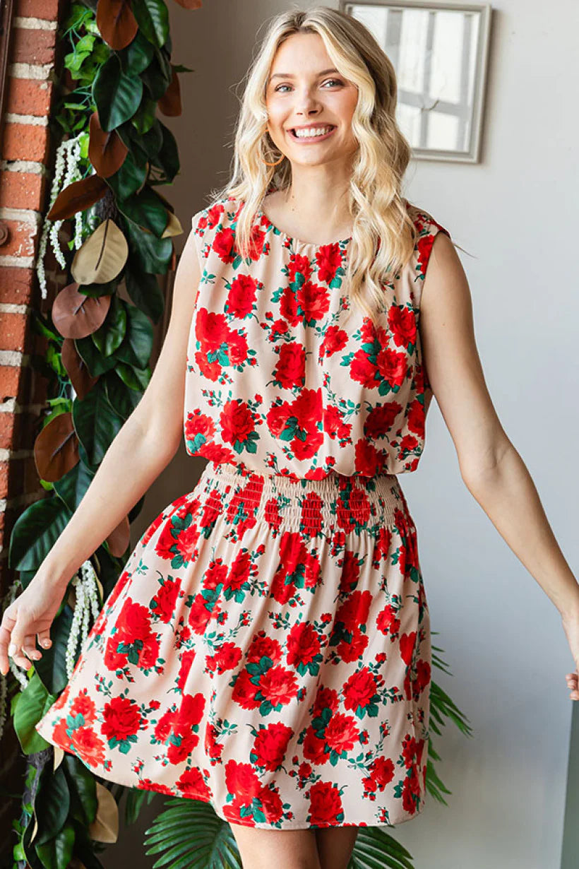 RED ROSES FLORAL TAN SLEEVELESS FIT & FLARE PUFF DRESS