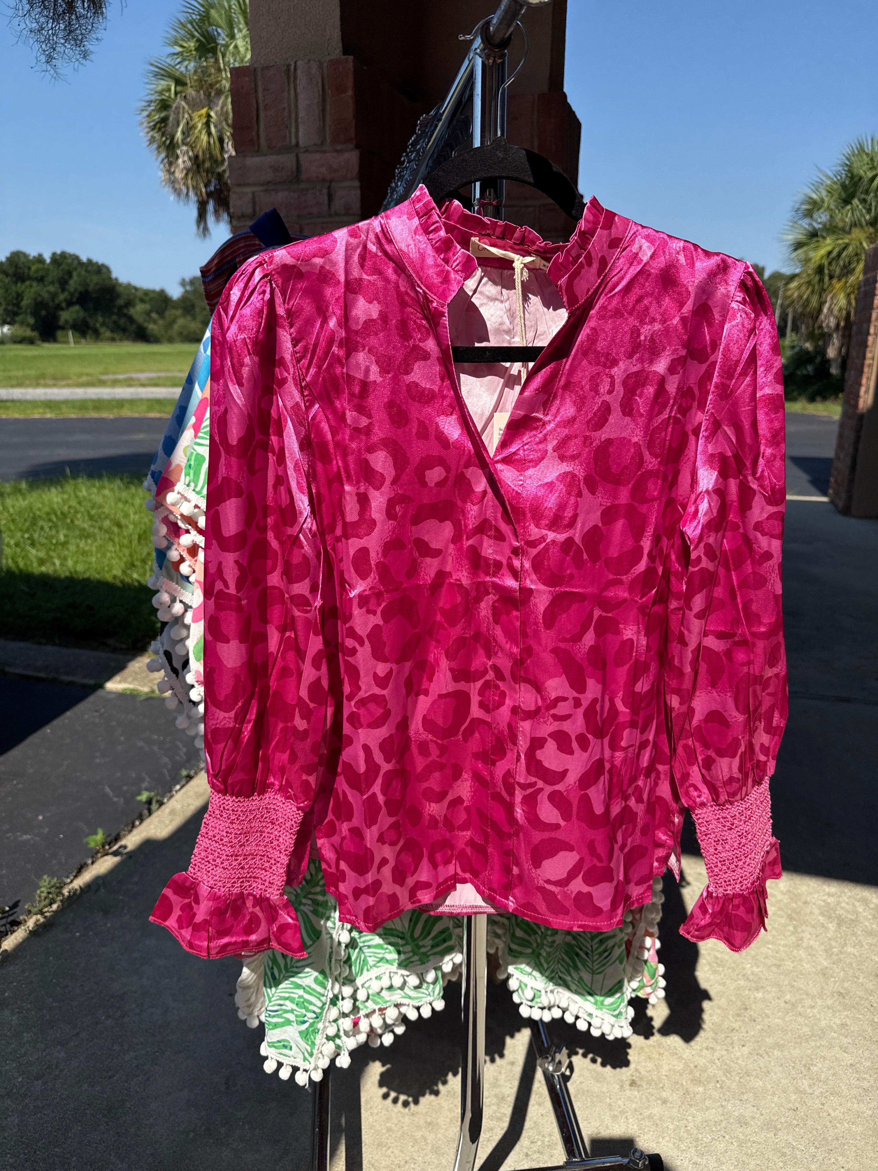FUCHSIA HOT PINK SMITTEN IN SATIN LEOPARD BUBBLE RUCHED SLEEVES TOP - SALE - XS AVAILABLE