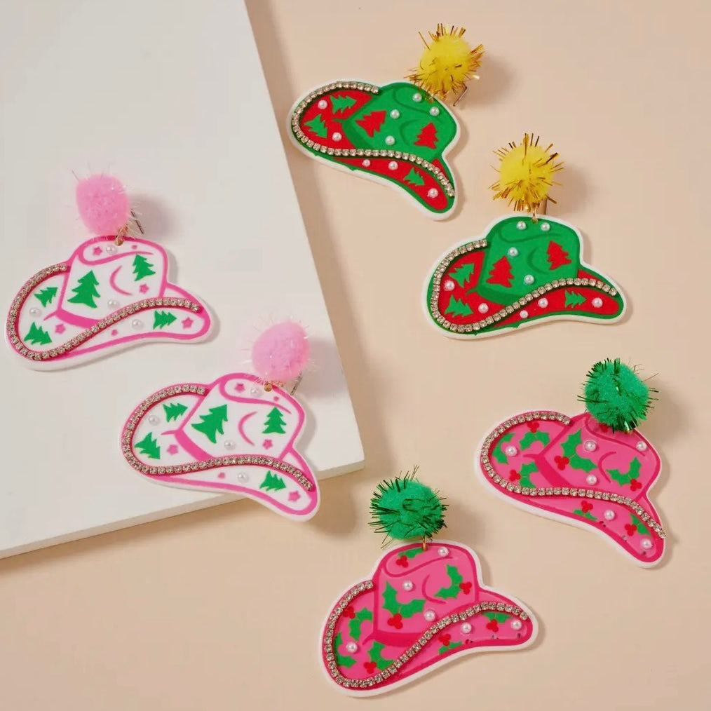 WHITE PINK COWBOY HAT CHRISTMAS POM POM EARRINGS