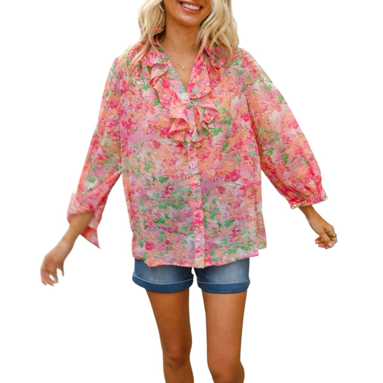 CLASSY CHIC ROSE FLORAL RUFFLE BUTTON DOWN CHIFFON BLOUSE- SALE- SMALL, MEDIUM & LARGE AVAILABLE