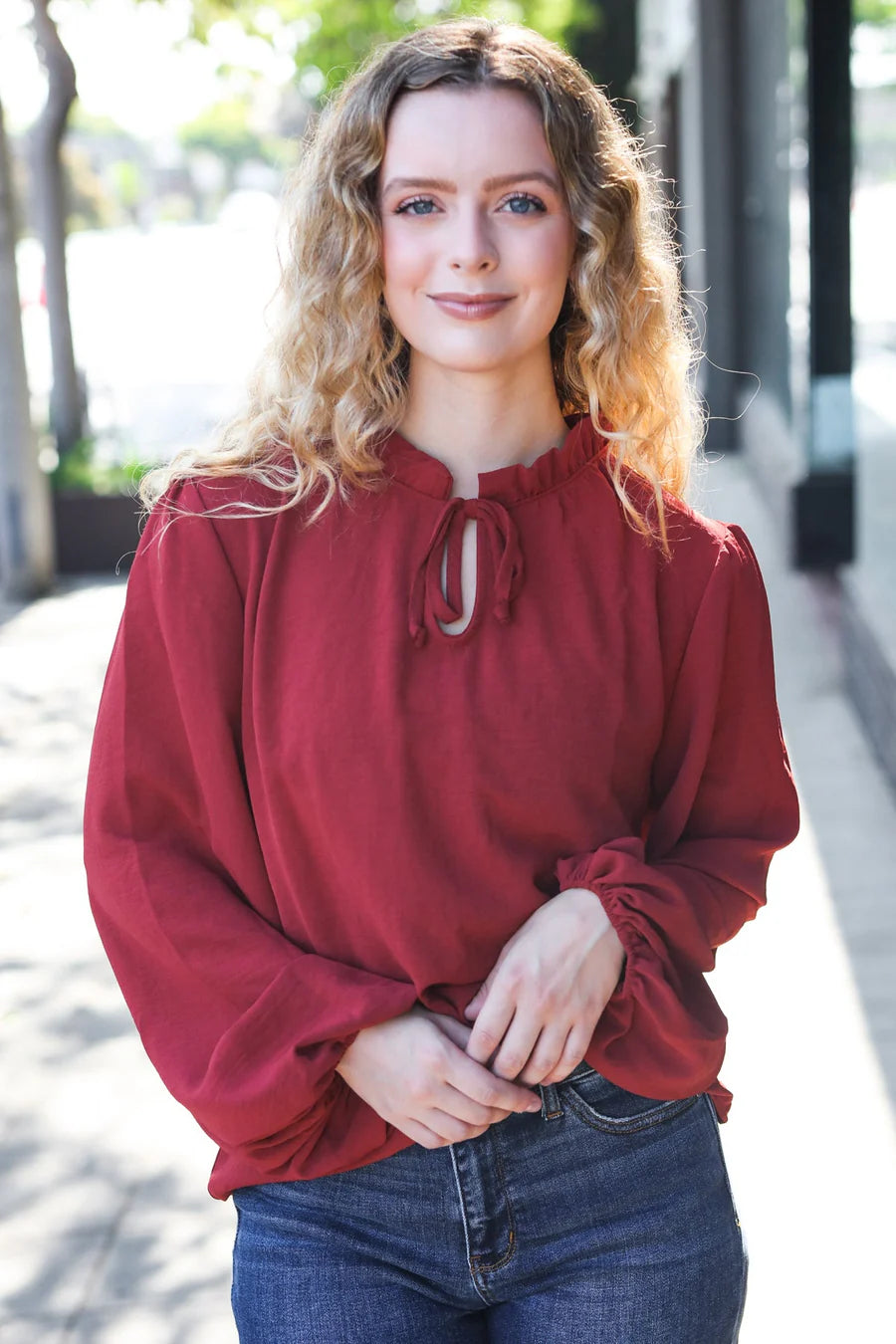 BURGUNDY FRILLED EDGED VNECK TIE LONG SLEEVE TOP-PLUS