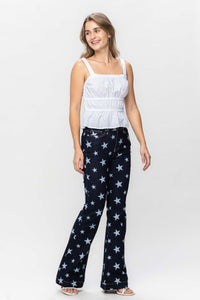 DARKWASH HIGH WAIST ALL OVER STAR PRINT RINSE WASH FLARE JUDY BLUE DENIM