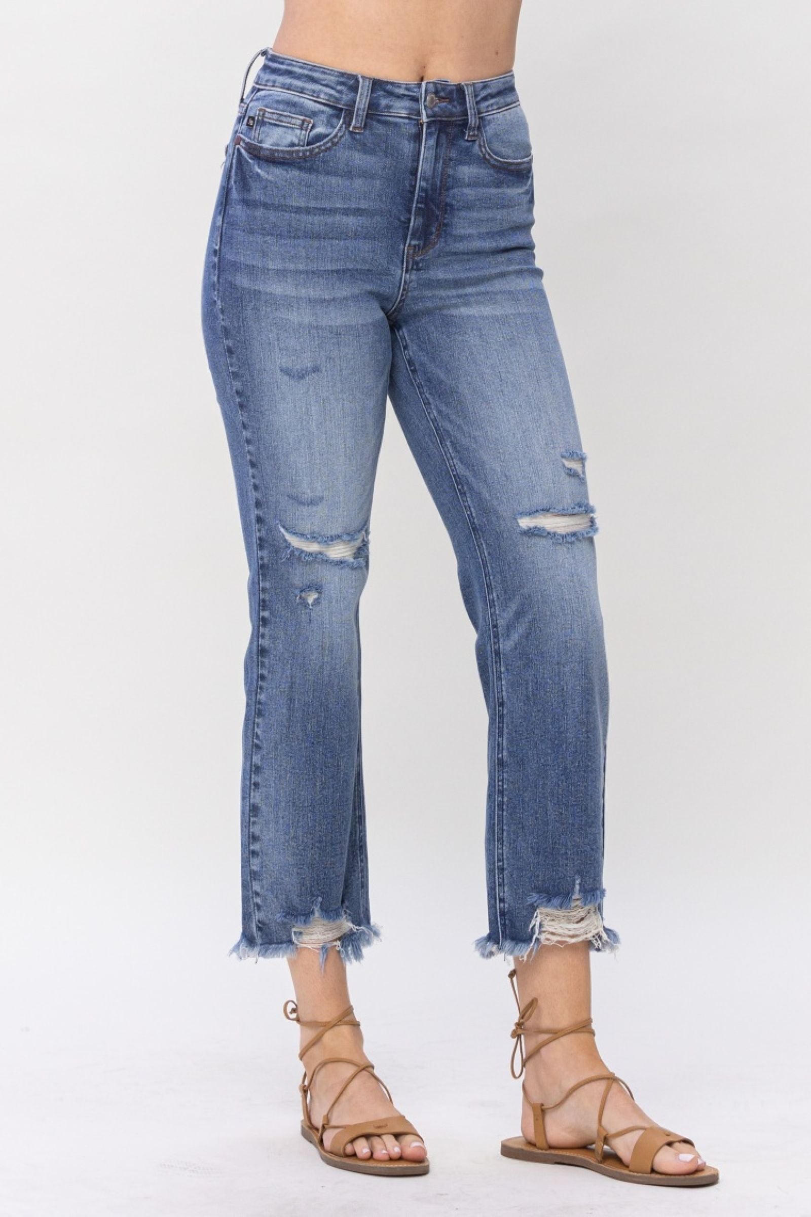 MEDIUM WASH HIGH WAIST DESTROYED CROPPED STRAIGHT JUDY BLUE DENIM-PLUS