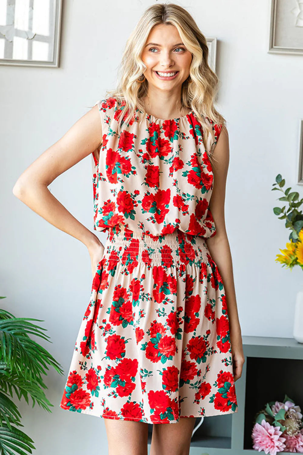 RED ROSES FLORAL TAN SLEEVELESS FIT & FLARE PUFF DRESS