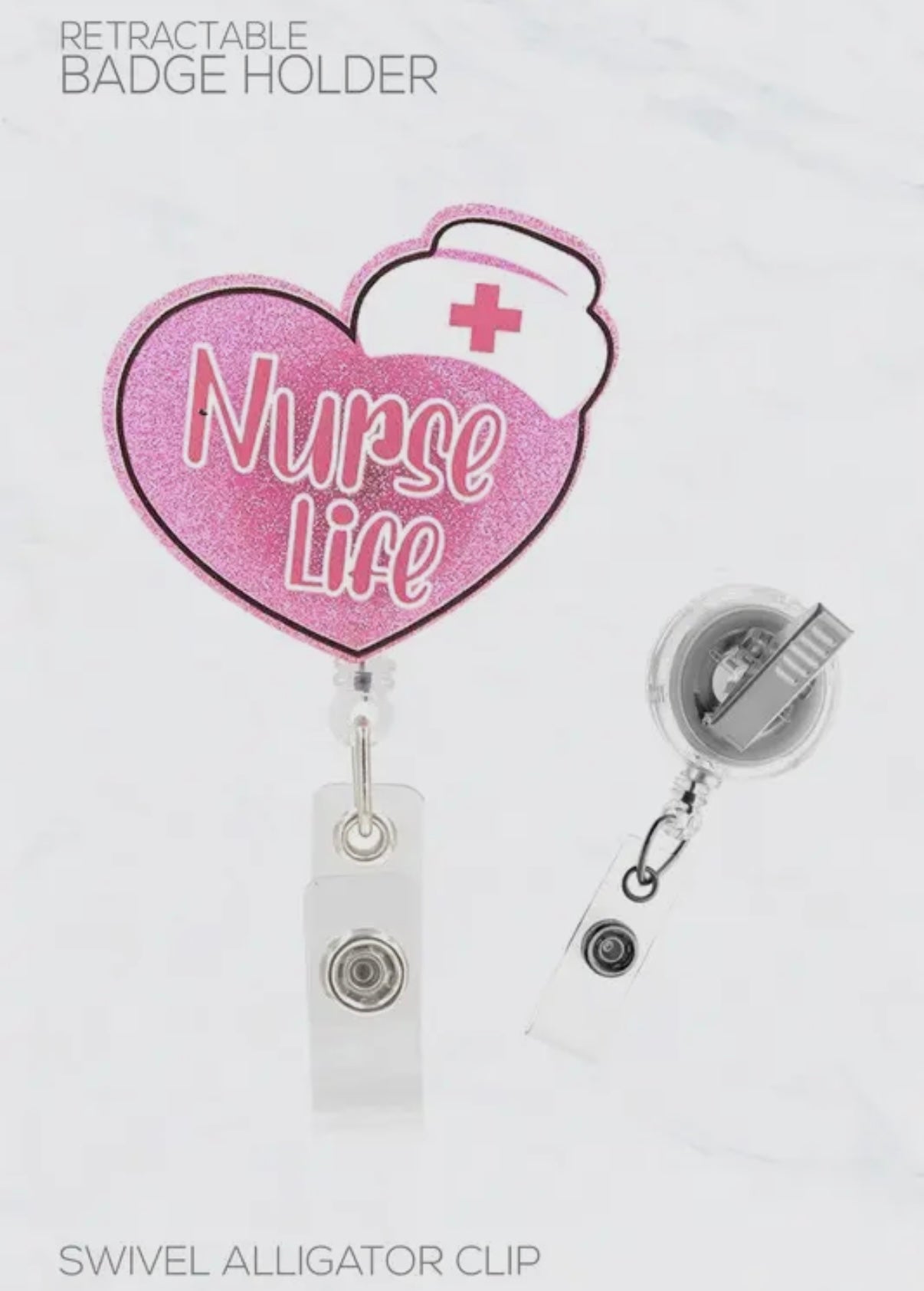 NURSE HAT PINK GLITTER ACRYLIC BADGE REEL HOLDER FOR NURSES