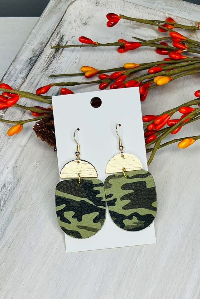 GREN CAMO HALF OVAL GOLD DISC HALF CIRCLE TWO TIER DANGLE HANDMADE EARRINGS BY B.O.D
