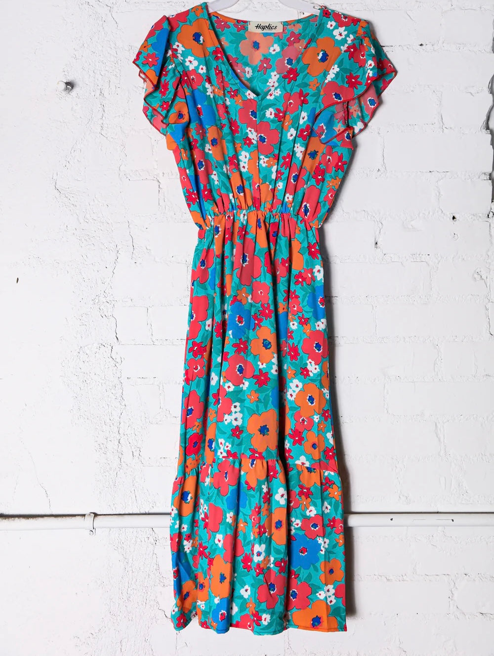 AQUA TEAL CORAL PEACH FLORAL VNECK RUFFLE MIDI DRESS