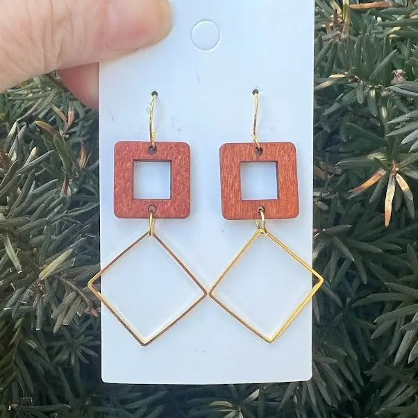 RUST WOOD GOLD RECTANGLE SQUARE METAL DUO HANDMADE BBB EARRINGS