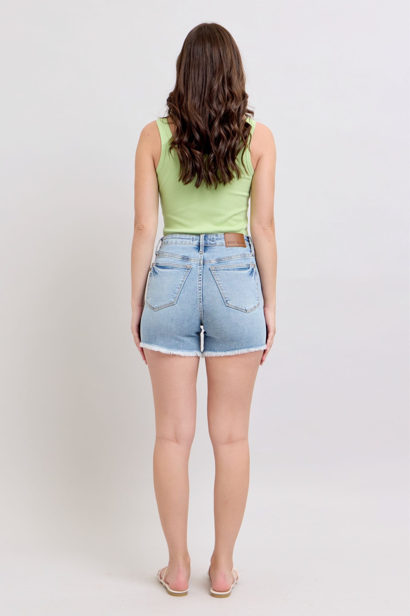 LIGHT DESTROY FRAYED HEM DENIM SHORTS JUDY BLUE HIGH WAIST TUMMY CONTROL MID RISE LIGHT WASH- SALE- SMALL, LARGE & XL LEFT