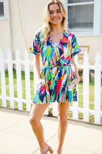 BUTTERY SOFT TROPICCAL PRINT NAVY PINK ORANGE GREEN BRIGHT VIVID SUMMER SURPLICE TIE WAIST ROMPER-PLUS