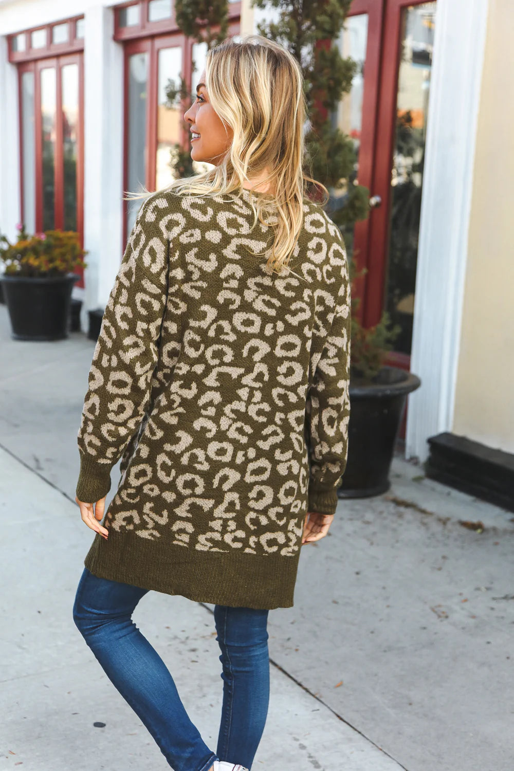 OLIVE TAUPE ANIMAL THICK CARDIGAN SWEATER