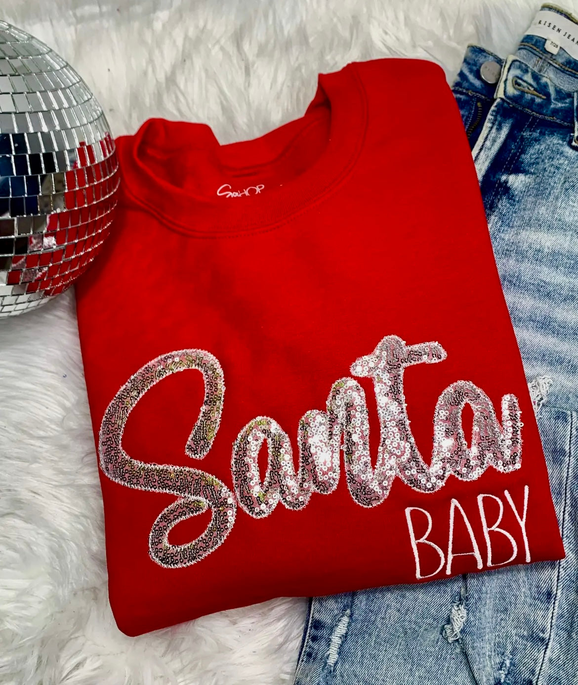 SANTA BABY SEQUIN SWEATSHIRT HANDMADE APPLIQUED DESIGN