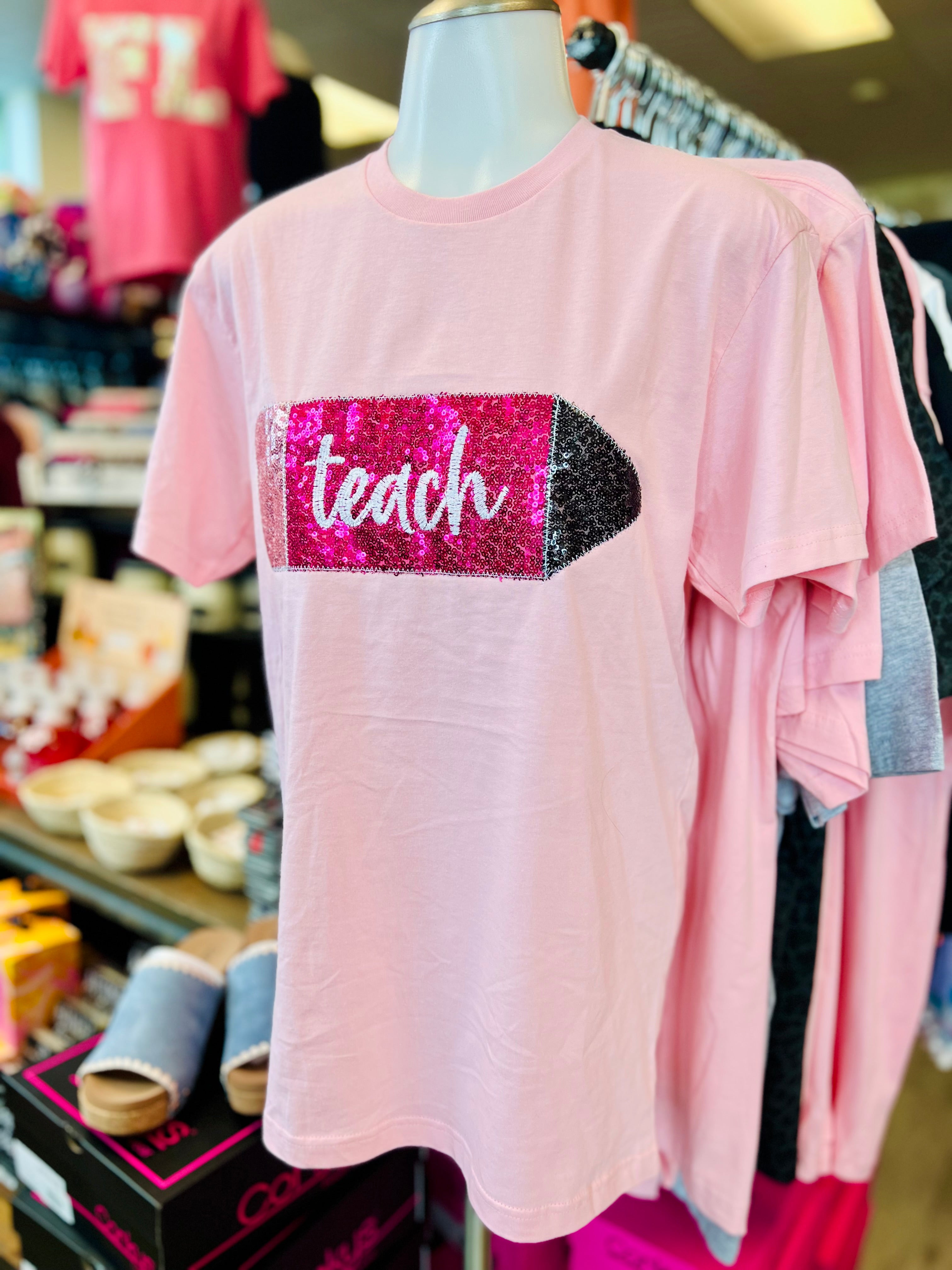 TEACH PENCIL SEQUINS LIGHT PINK & FUCHSIA APPLIQUE HANDMADE TEE