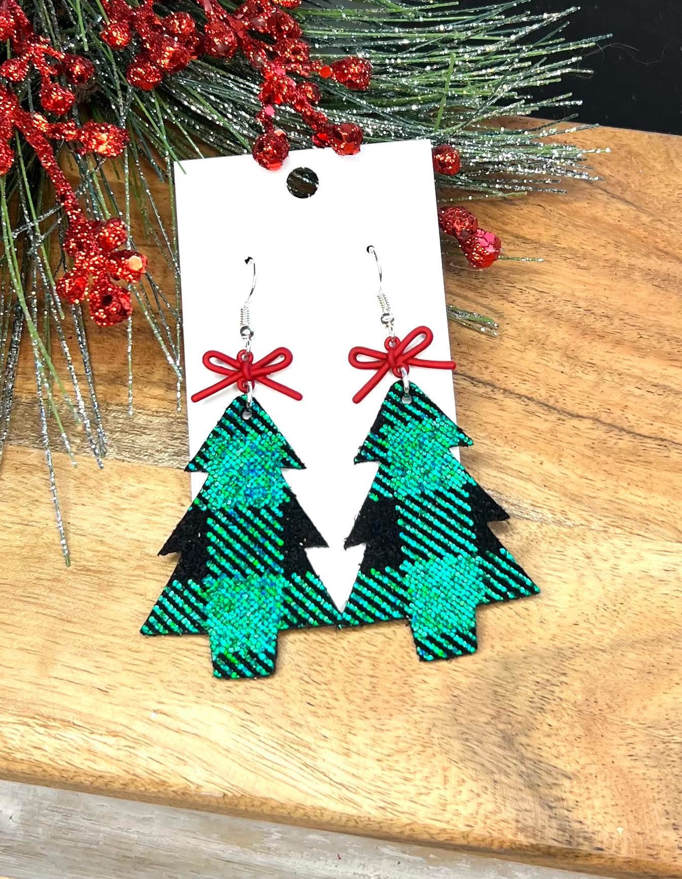 GREEN SHIMMERY PLAID CHRISTMAS TREES WITH RED METAL BOWS HANDMADE EARRINGS BY B.O.D