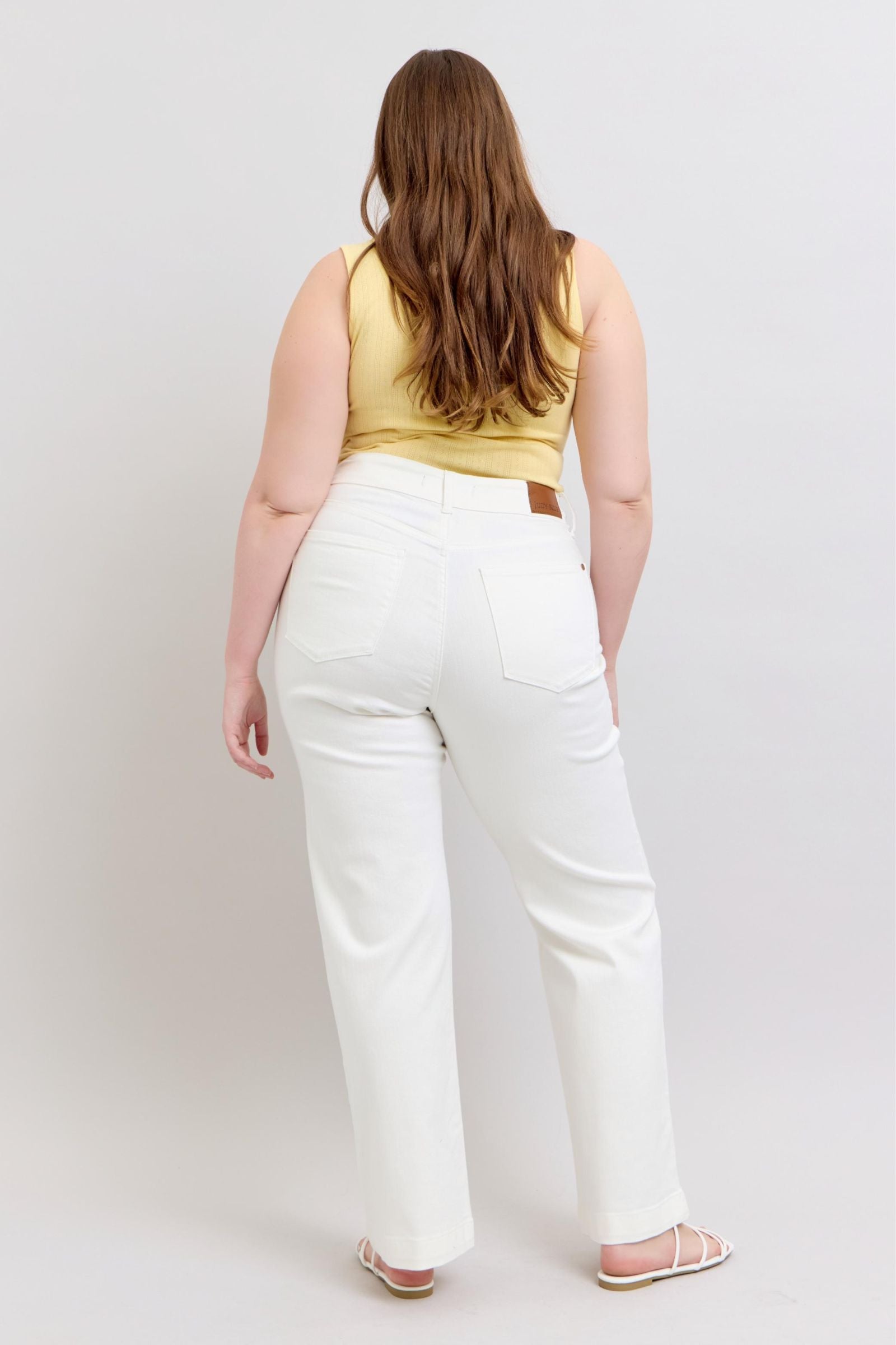 HIGH WAIST DOUBLE BUTTON WAISTBAND TROUSER WHITE WIDE LEG COIN POCKET EMBROIDERY DETAIL JUDY BLUE DENIM-PLUS