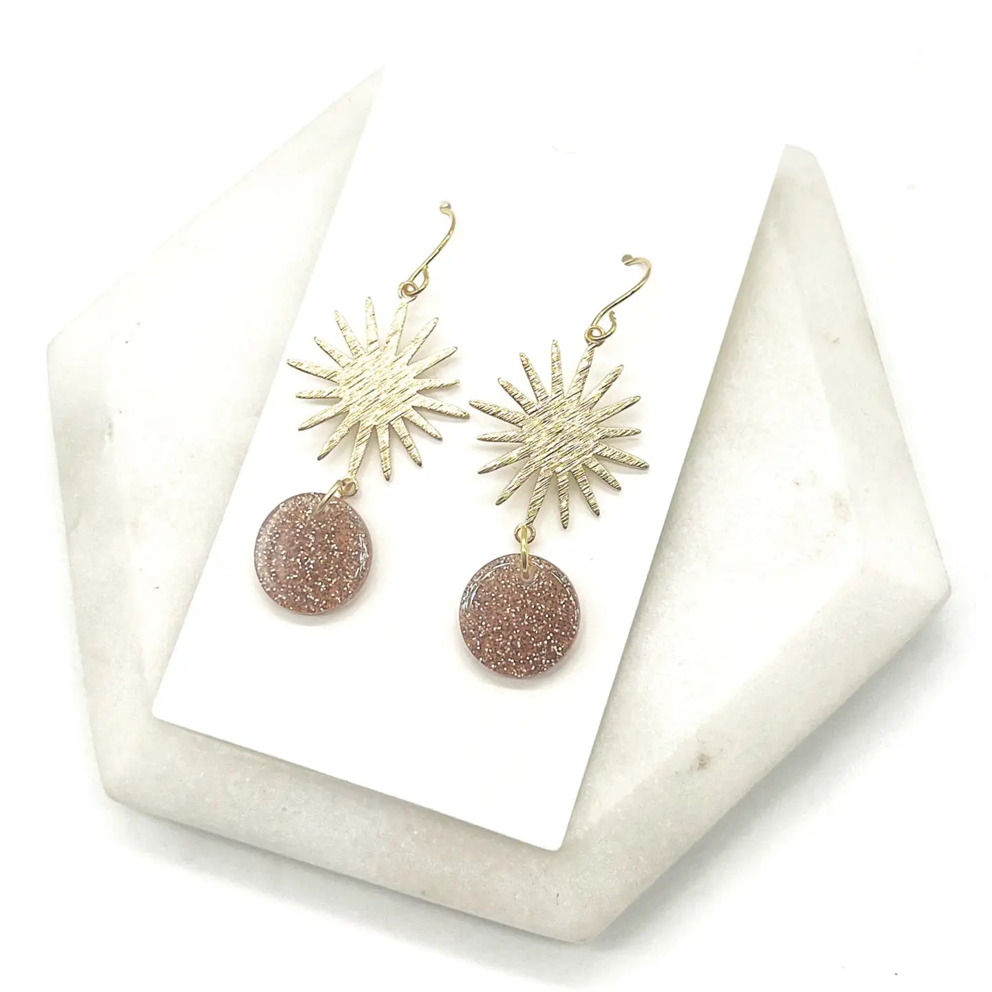 CINNAMON GLITTER GOLD SUNBURST METAL ACRYLIC HANDMADE BBB EARRINGS