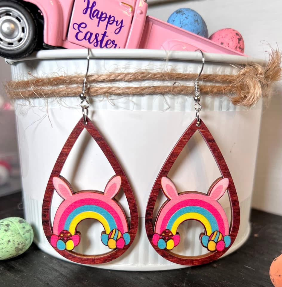 EASTER BUNNY EAR RAINBOW TEARDROP WOOD DANGLE EARRINGS- SALE