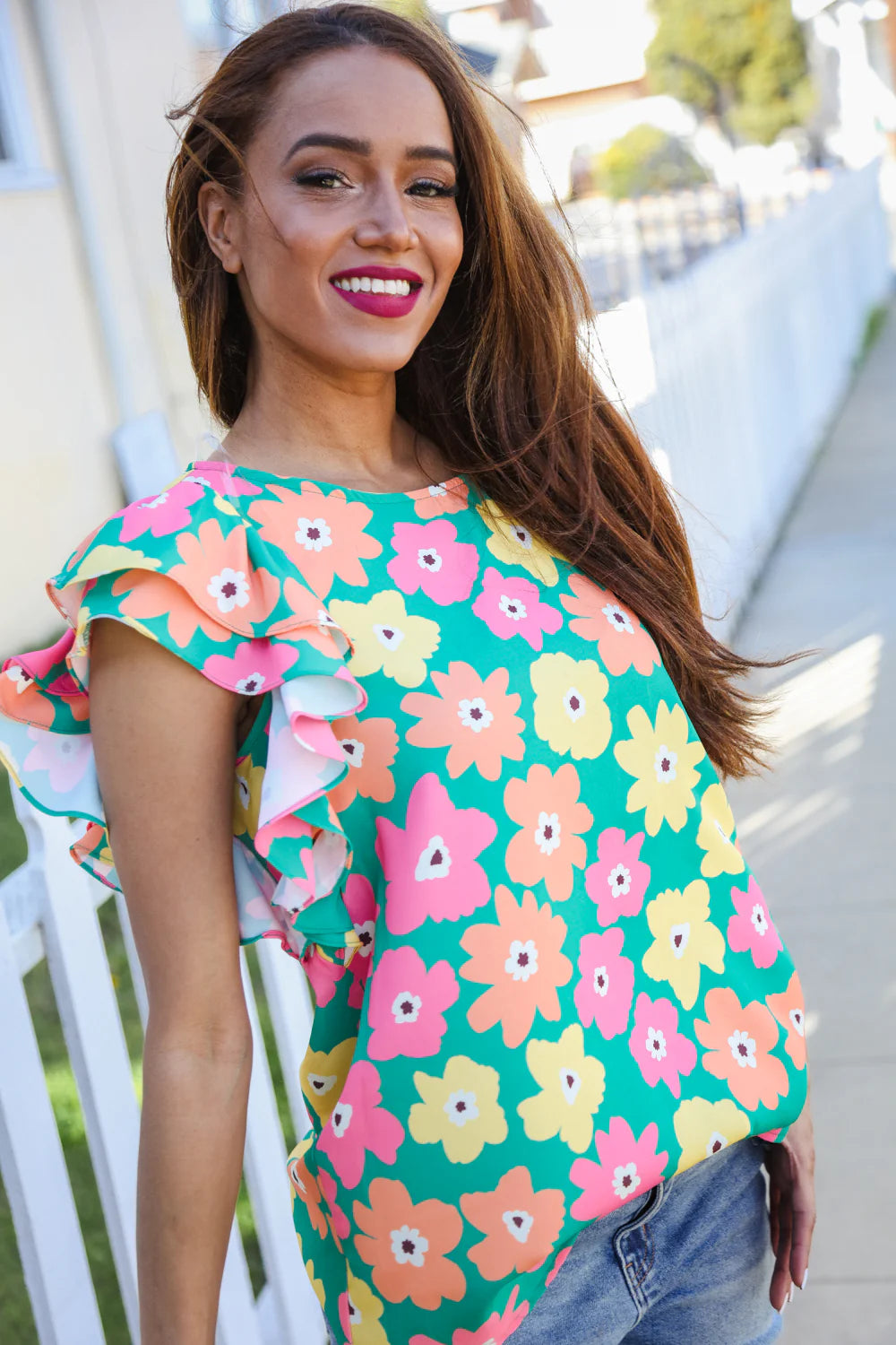 GREEN MULTI FLORAL FLUTTER TOP