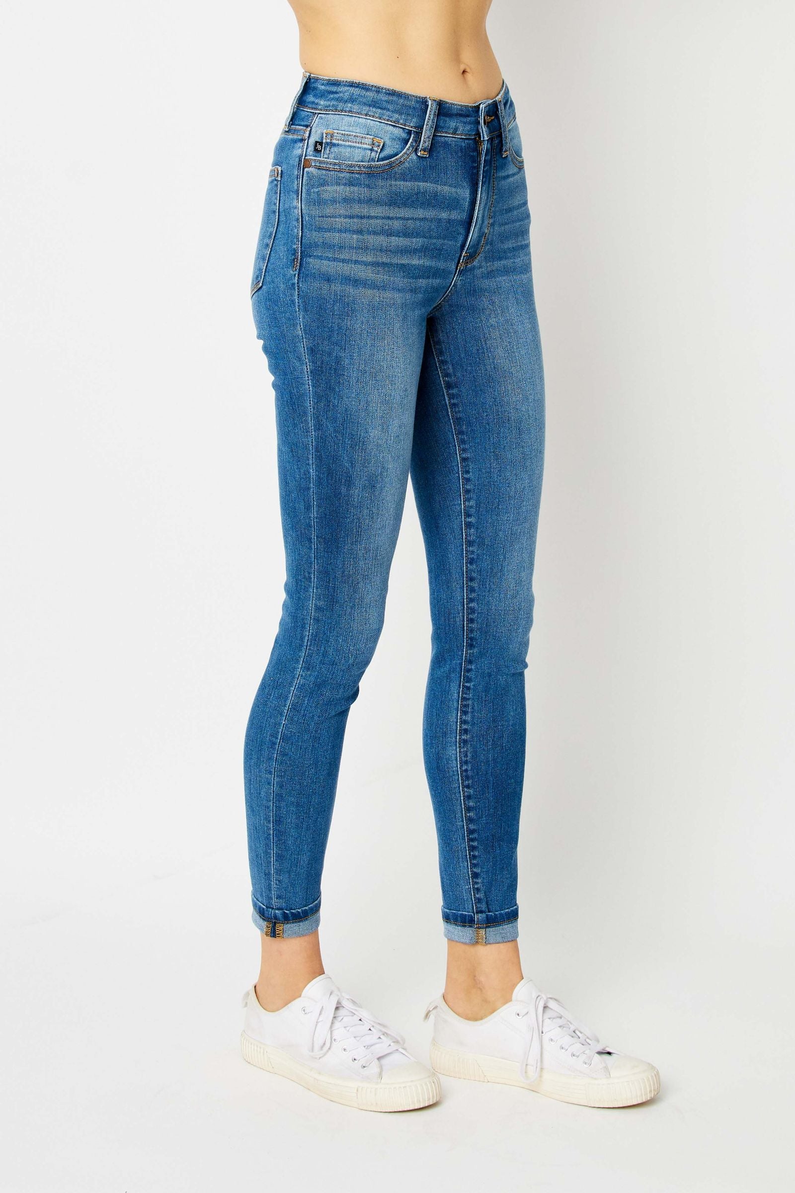 MEDIUM WASH HIGH WAIST CUFFED HEM SKINNY JUDY BLUE DENIM-PLUS