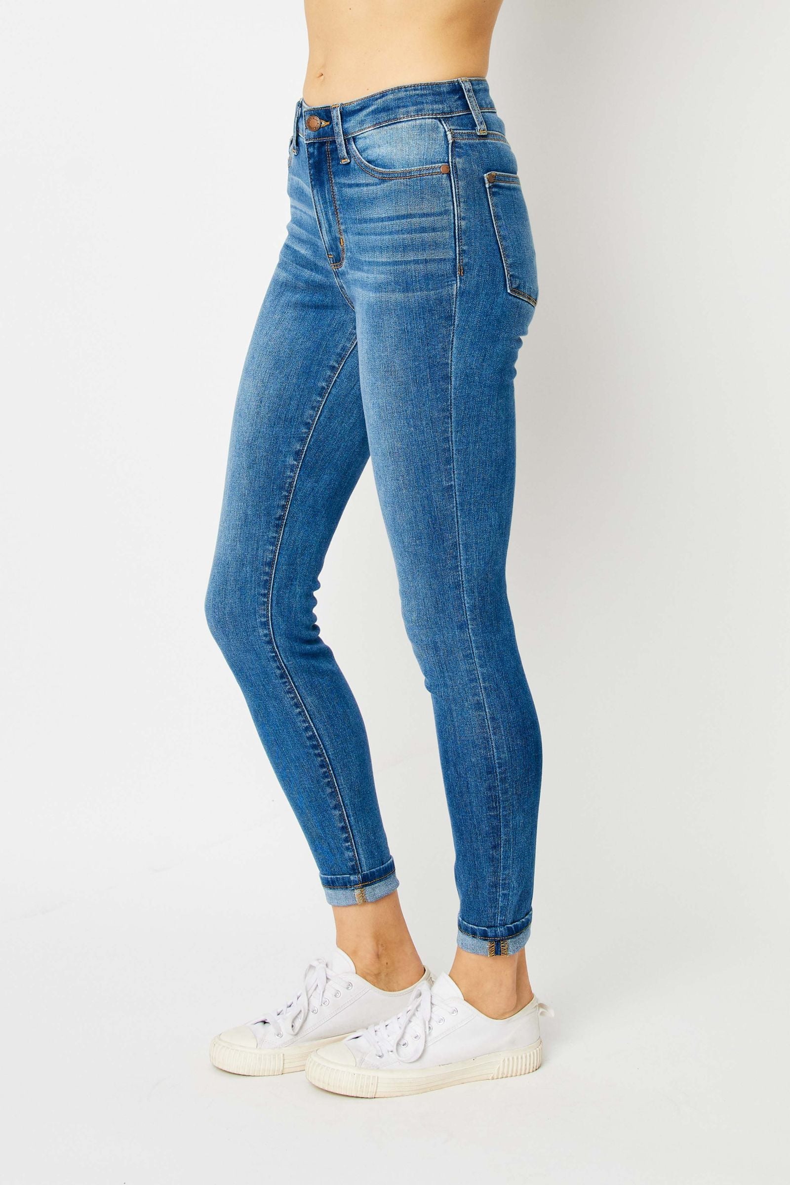 MEDIUM WASH HIGH WAIST CUFFED HEM SKINNY JUDY BLUE DENIM-PLUS