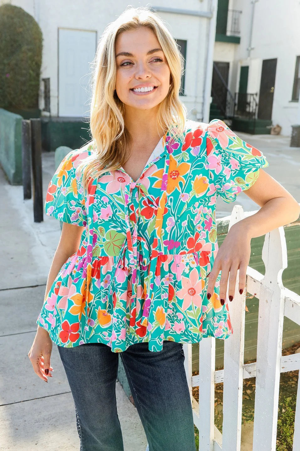 AQUA COLORFUL RIBBON BOW FLORAL WOVEN BLOUSE- PLUS- SALE