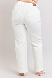HIGH WAIST DOUBLE BUTTON WAISTBAND TROUSER WHITE WIDE LEG COIN POCKET EMBROIDERY DETAIL JUDY BLUE DENIM-PLUS