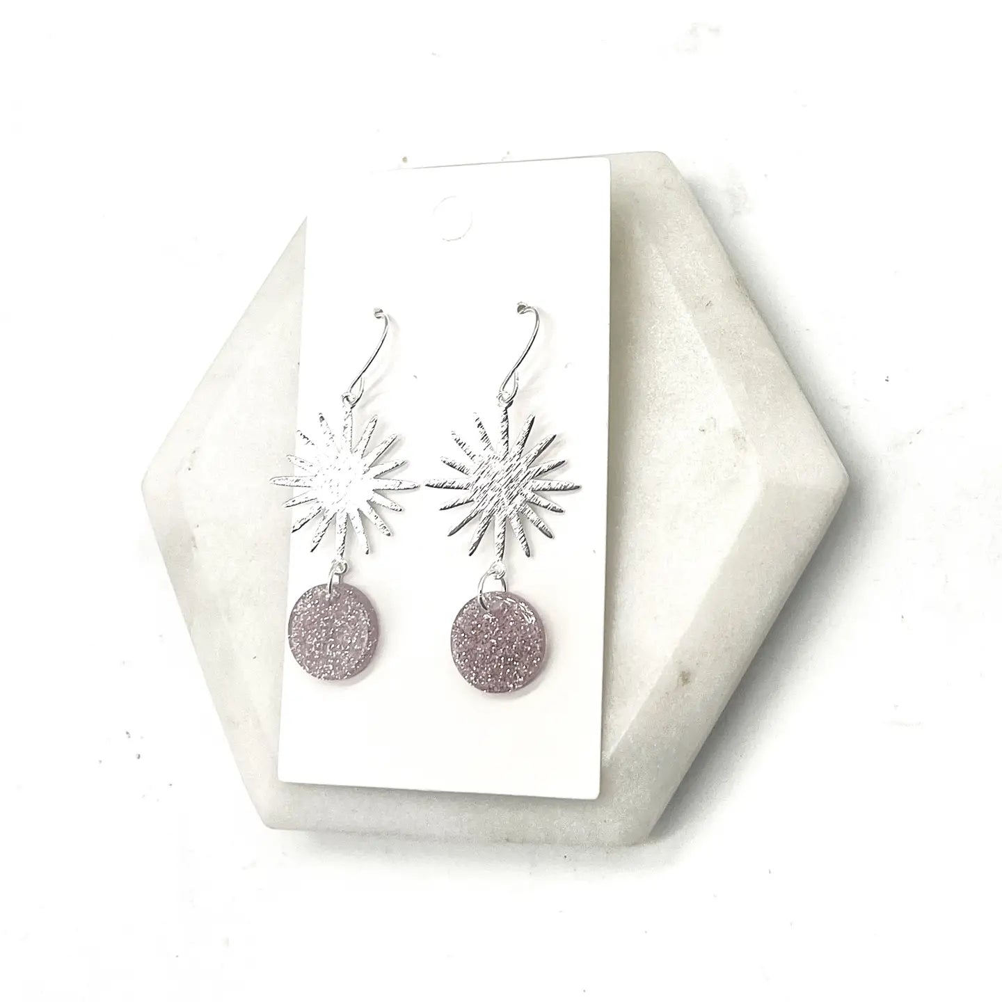 PINK GLITTER SILVER SUNBURST METAL ACRYLIC STATEMENT HANDMADE BBB EARRINGS
