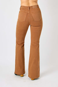 BROWN HIGH WAIST TUMMY CONTROL GARMENT DYED FLARE DENIM JUDY BLUE