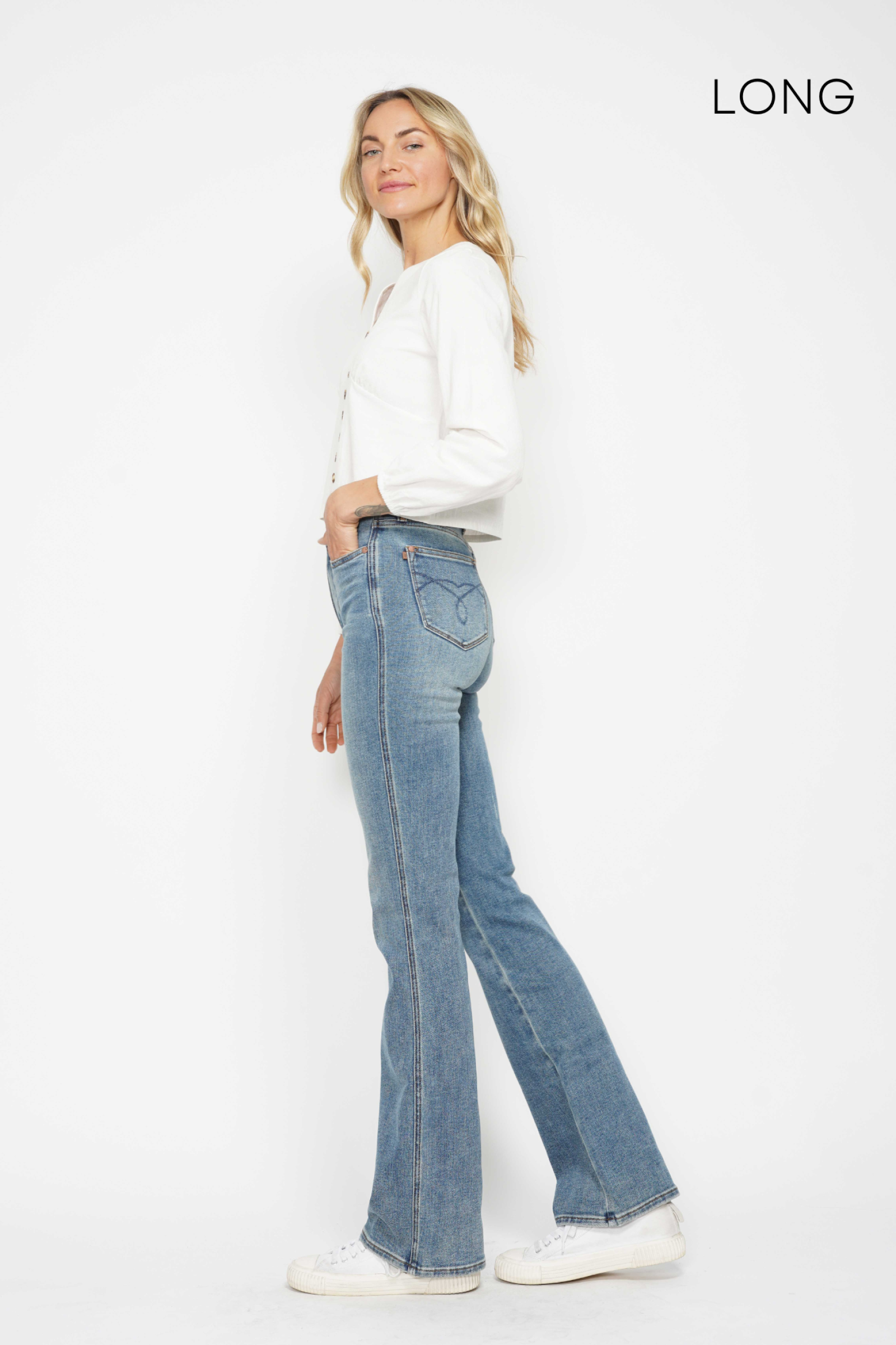 *SHORT INSEAM* HIGH WAIST TUMMY CONTROL MEDIUM WASH BACK POCKET EMBROIDERY BOOTCUT JUDY BLUE DENIM