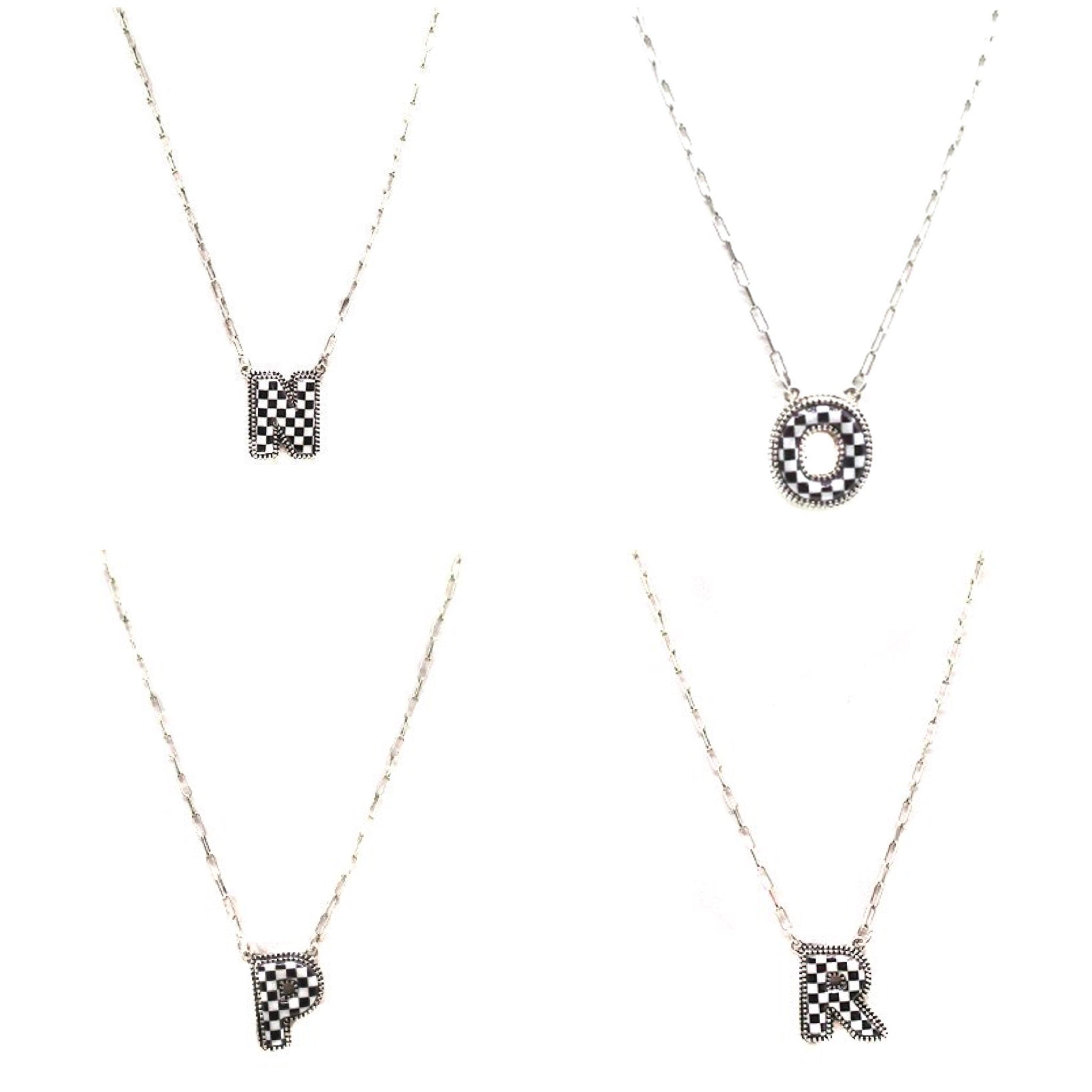 CHECKERED BUBBLE INITIAL BLACK & WHITE ON SILVER CHAIN WITH 18" + 3" EXTENDER NECKLACE