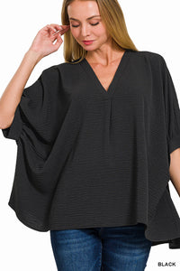 BLACK WOVEN AIRFLOW V-NECK PUFF HALF SLEEVE TOP