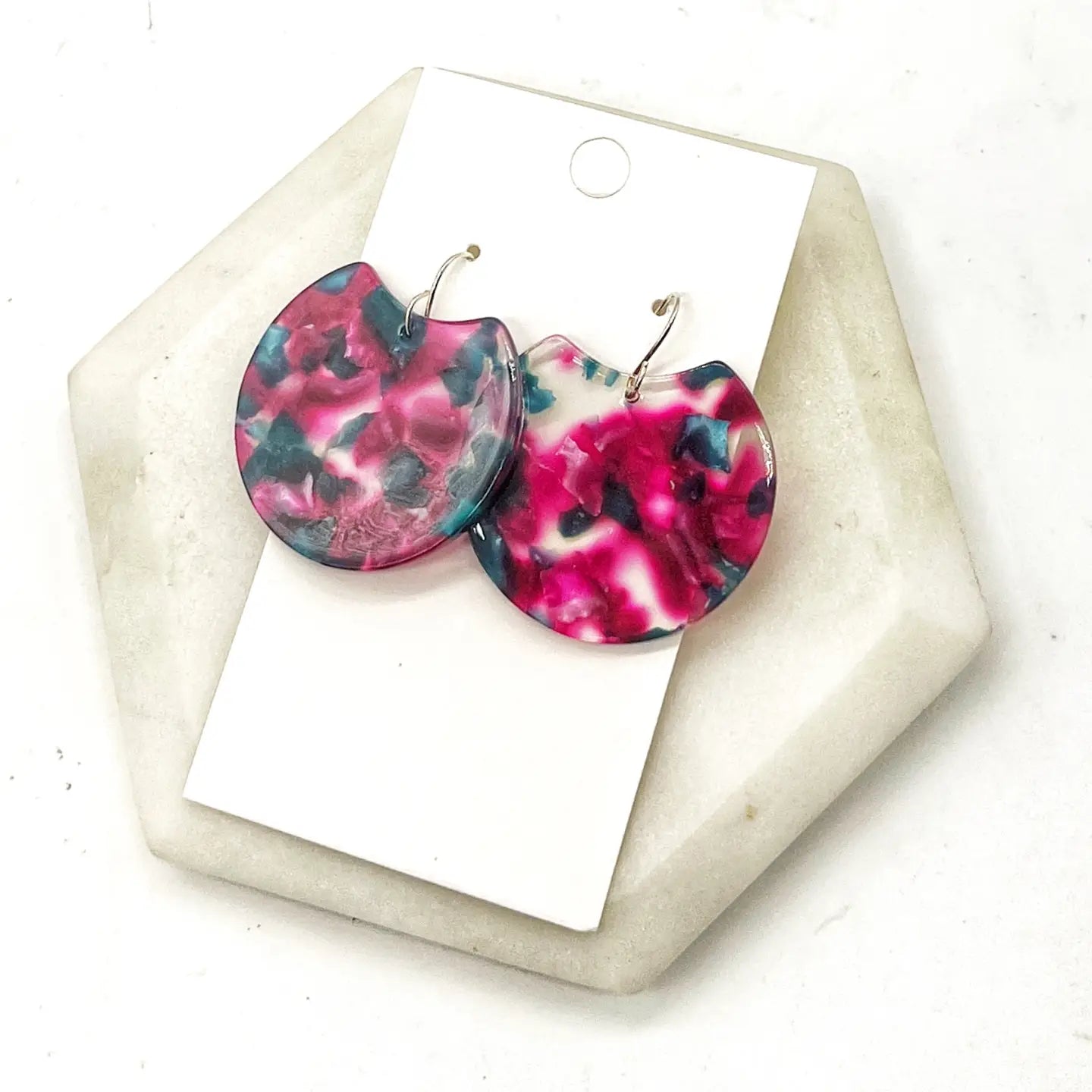 CRANBERRY GREEN ACRYLIC CRESCENT HANDMADE BBB EARRINGS