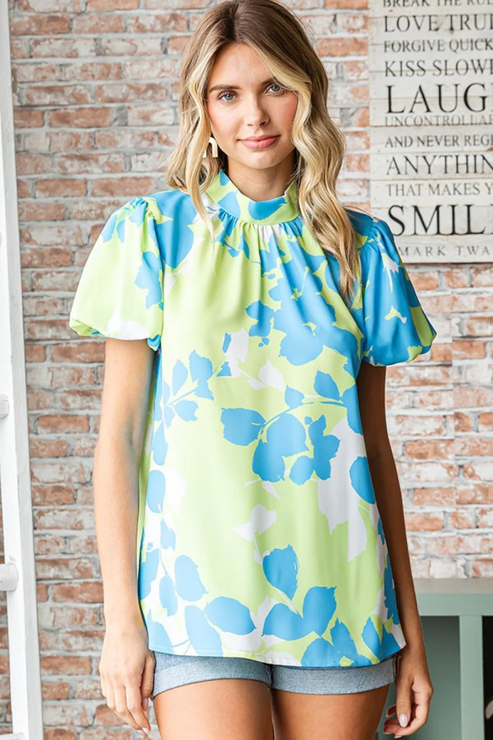 LIME GREEN & BLUE FLORAL BOW BACK BLOUSE WITH BUBBLE SLEEVES-PLUS