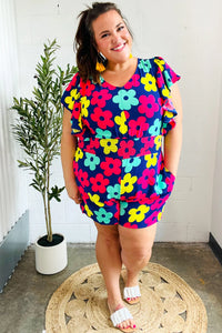 NAVY PINK MAGENTA YELLOW WHITE FEELING BOLD FLORAL SMOCKED WAIST FLUTTER ROMPER-PLUS