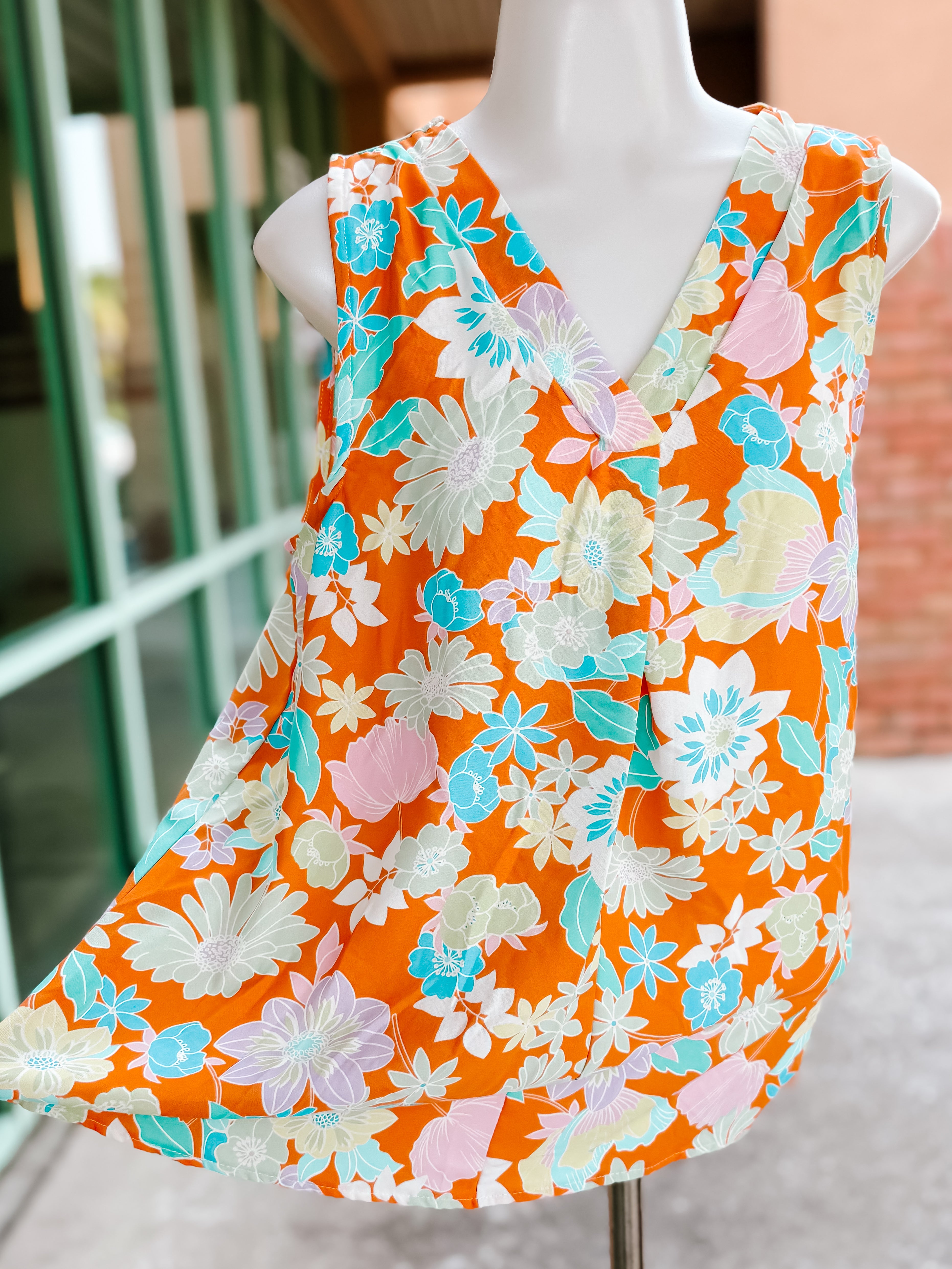 Tangerine Floral Vneck Banded Tank Top- SALE