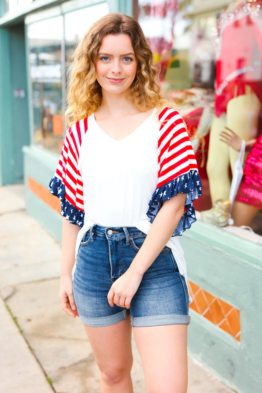 RWB STARS & STRIPES RAGLAN STYLE RUFFLE TOP