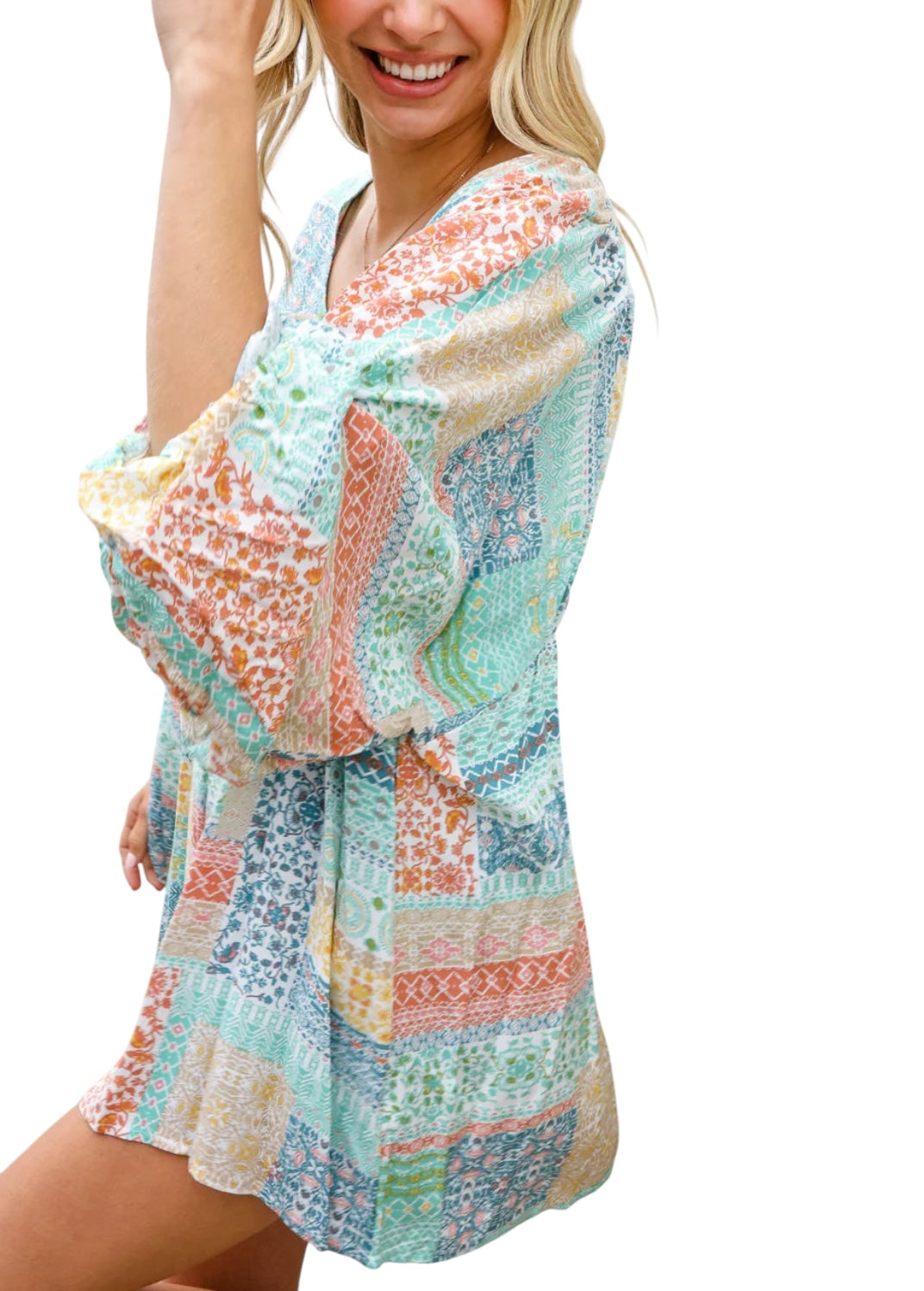MINT PEACH BOHEMIAM PRINTED PATCHWORK 3/4 BUBBLE SLEEVE VNECK TOP- PLUS- SALE- 1X & 2X AVAILABLE