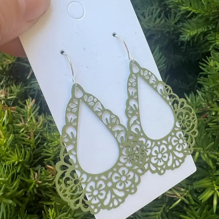 OLIVE SAGE GREEN FILIGREE TEARDROP METAL STATEMENT HANDMADE BBB EARRINGS
