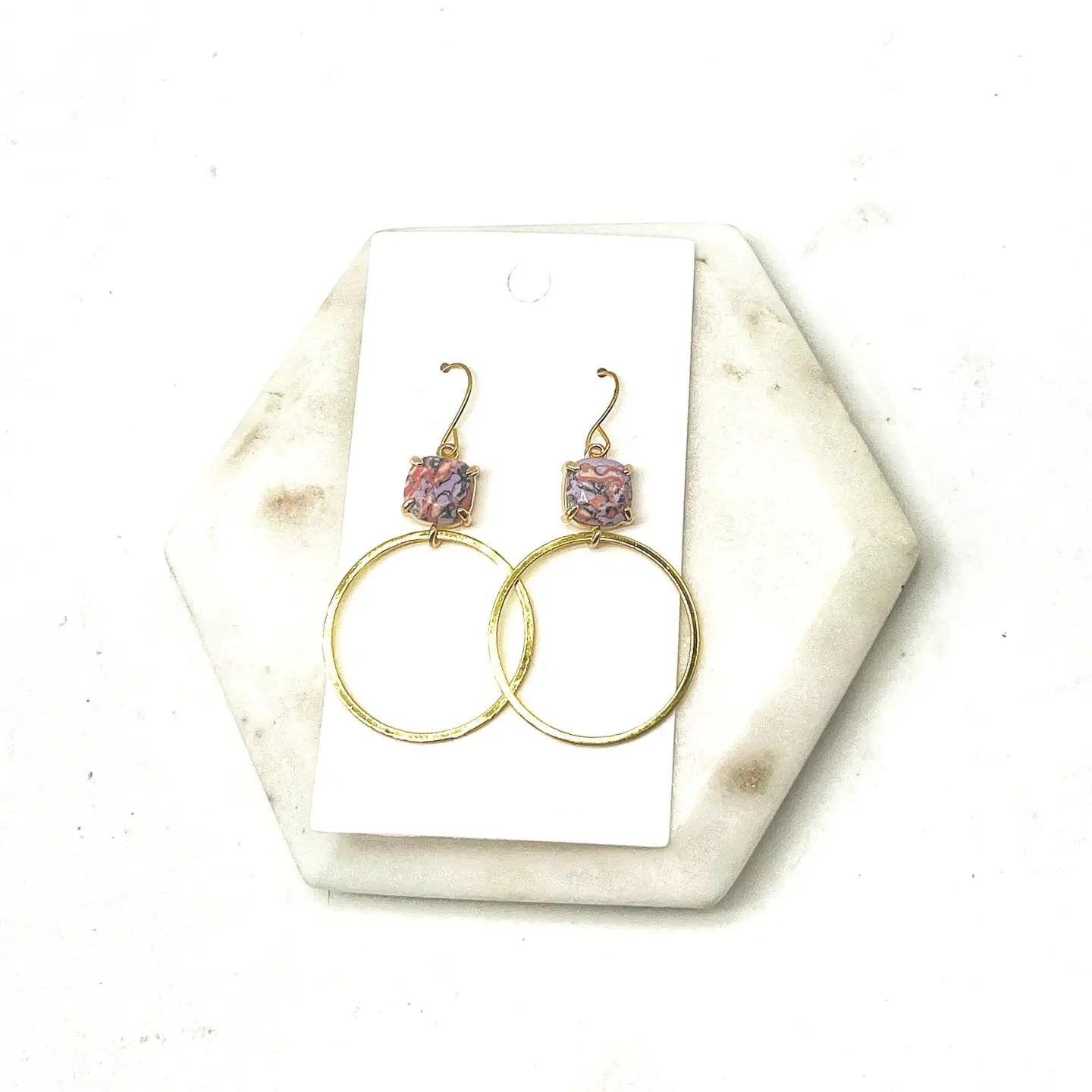 PINK PURPLE GEM STONE GOLD HOOP STATEMENT HANDMADE BBB EARRINGS