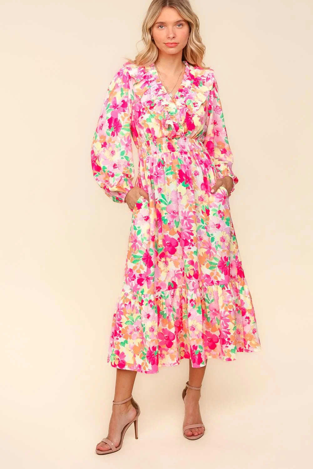 PINK CORAL PASTELS VNECK RUFFLE WOVEN SURPLICE MAXI DRESS-PLUS