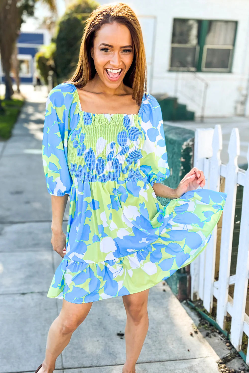 BLUE & LIME GREEN FIT & FLARE SMOCKED DRESS