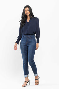 Darkwash High Waist Judy Blue Double Cuff Slim Fit Pull On Denim- SIZE 1 left.