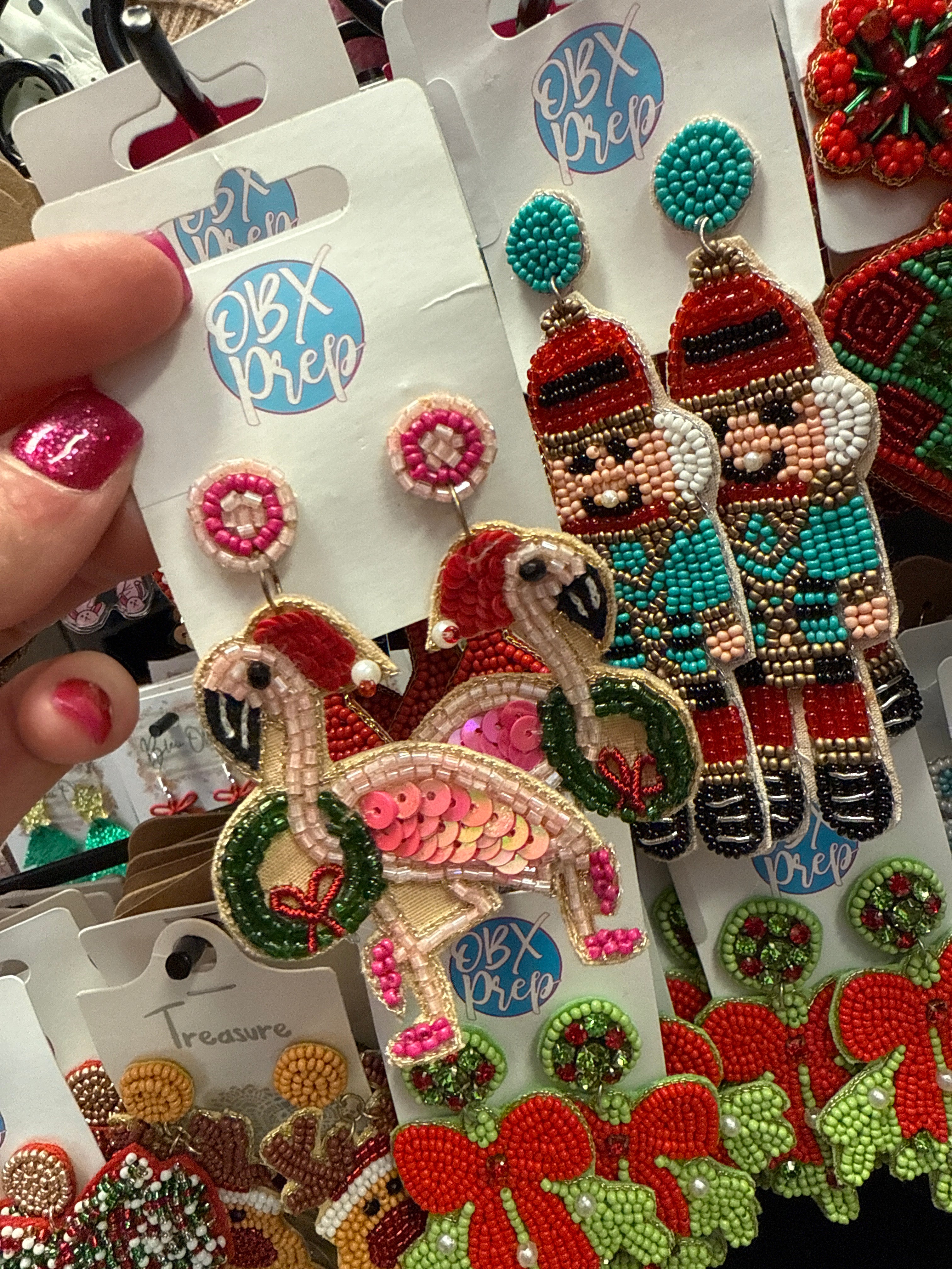 CHRISTMAS FLAMINGO  SEEDBEADED DANGLE EARRINGS