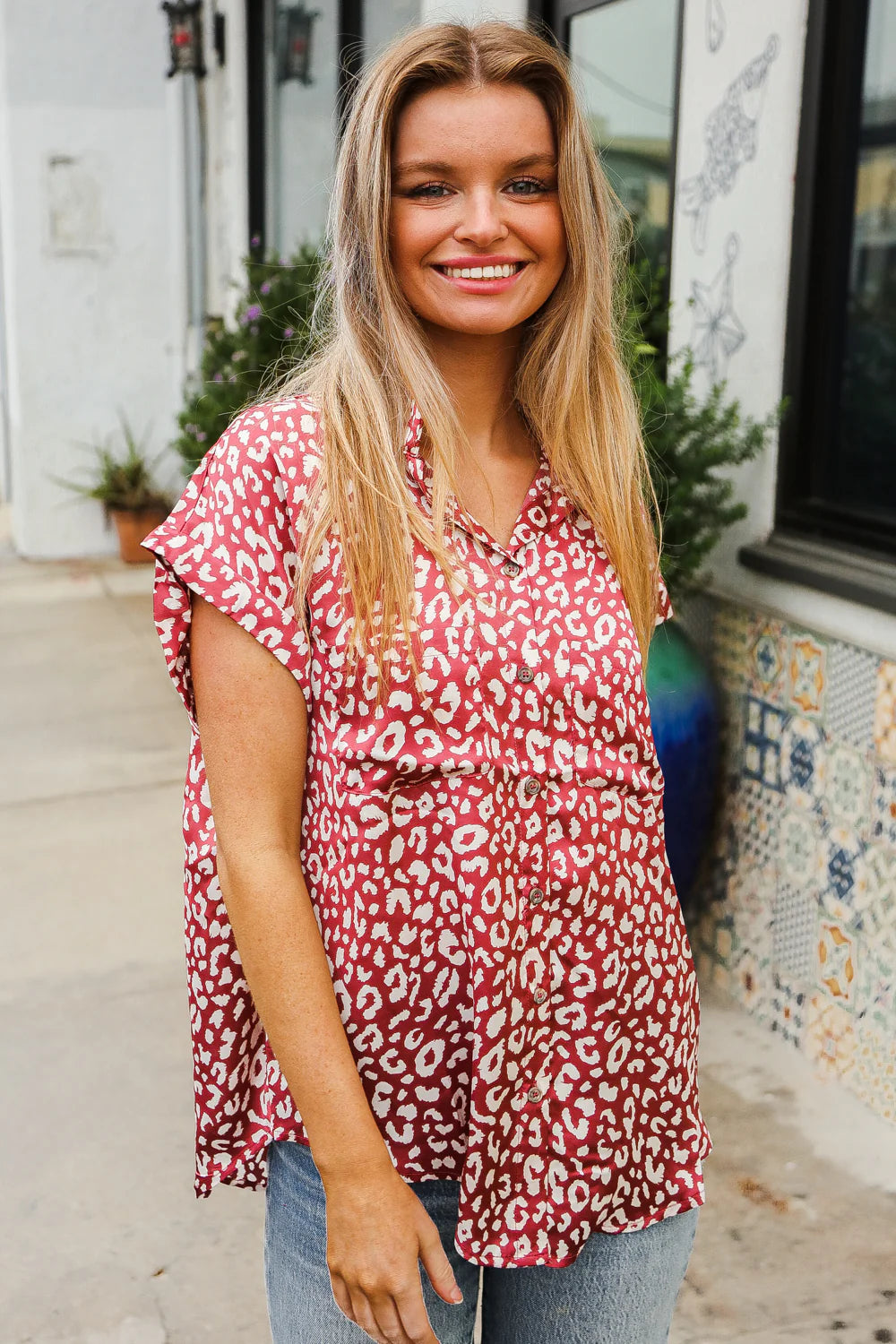 MAUVE ANIMAL DOTTED WOVEN POCKET BLOUSE